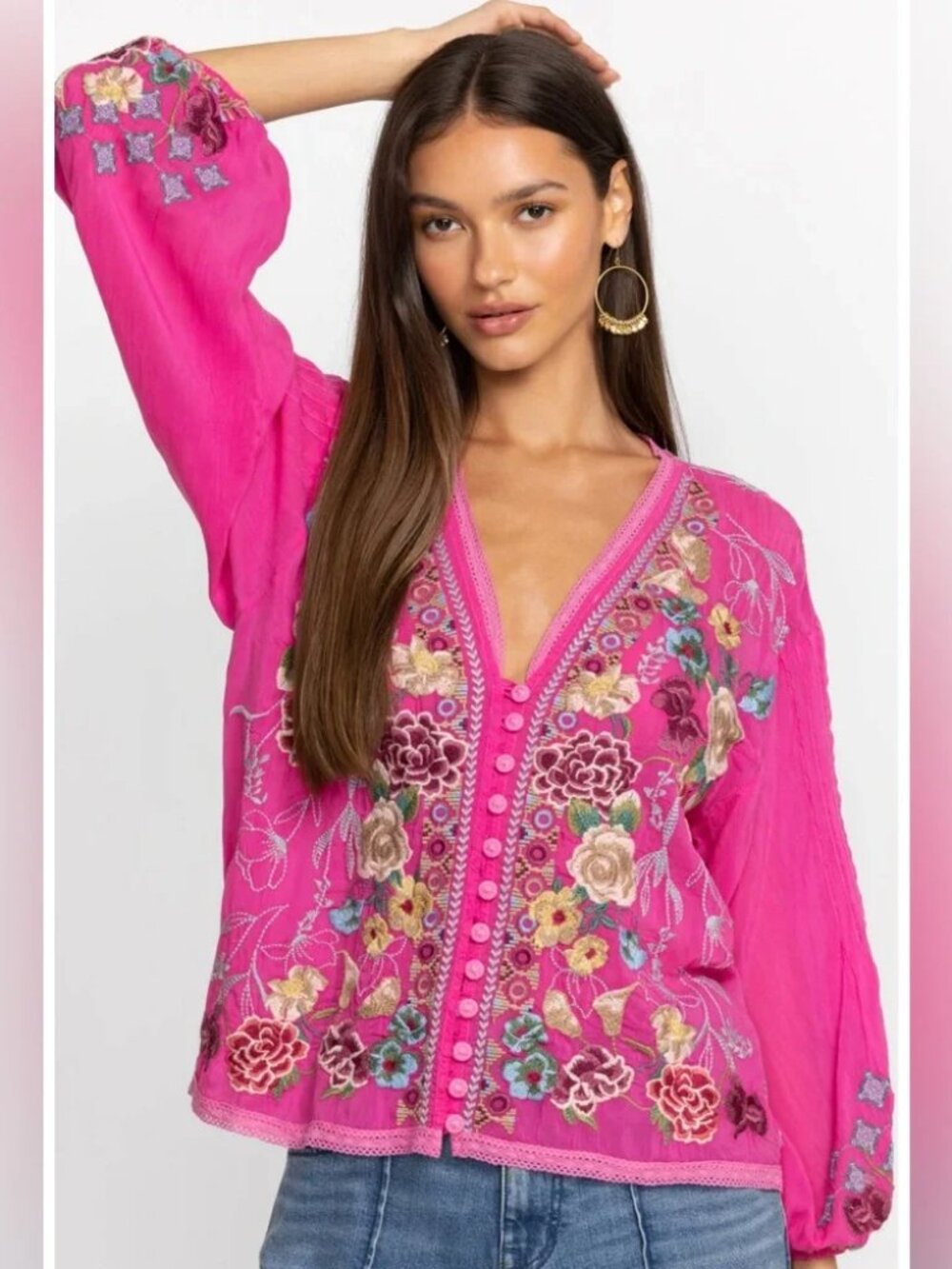 Johnny Was Embroidered Pratt Blouse Fushia M - Picture 4 of 16
